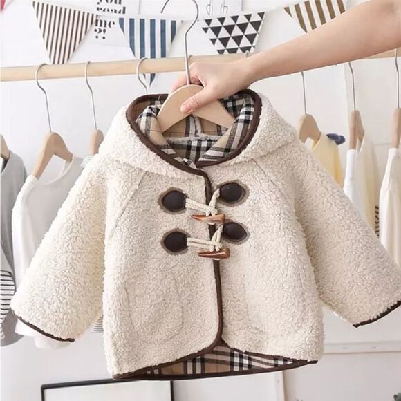 Sherpa Ivory Hooded Button Girls Reversible Coat - Picture 1 of 7